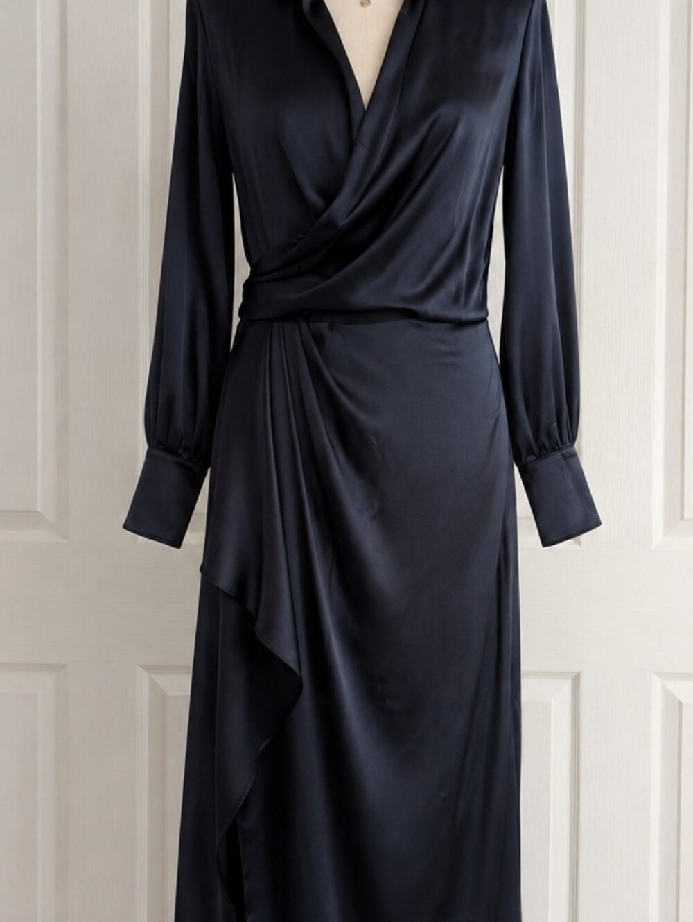 Elegant Navy Satin Wrap Midi Dress